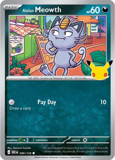 Karta Pokemon 089-128 Alolan Meowth [30th Celebration].JPG
